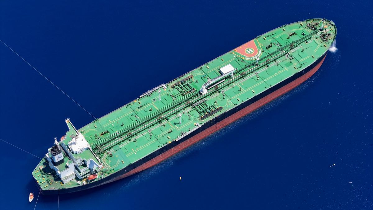 Aerial view of an oil tanker at sea