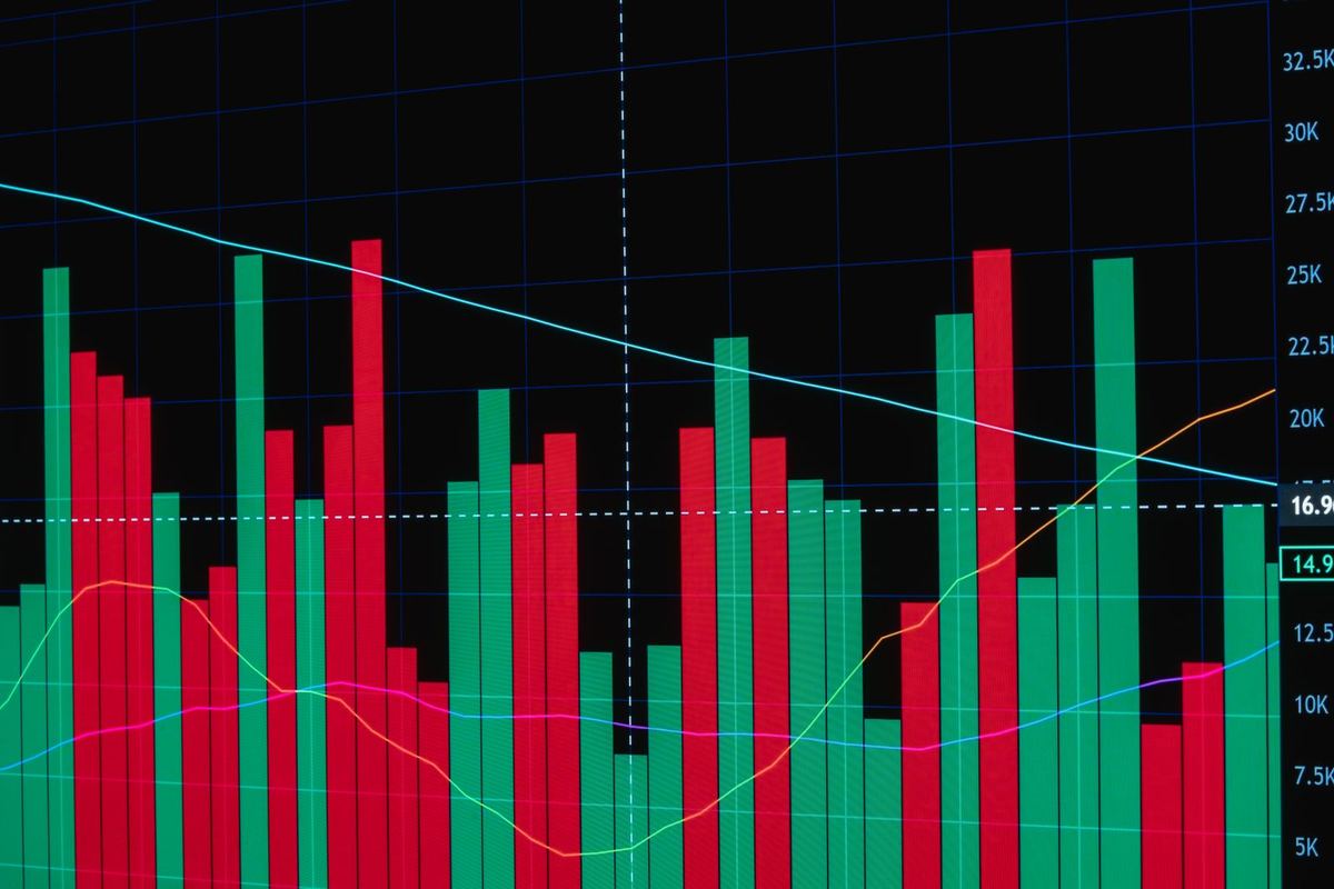 Financial data bar chart on a dark screen