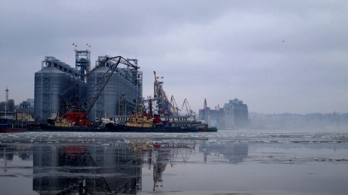 Grain silos and cranes at a port
